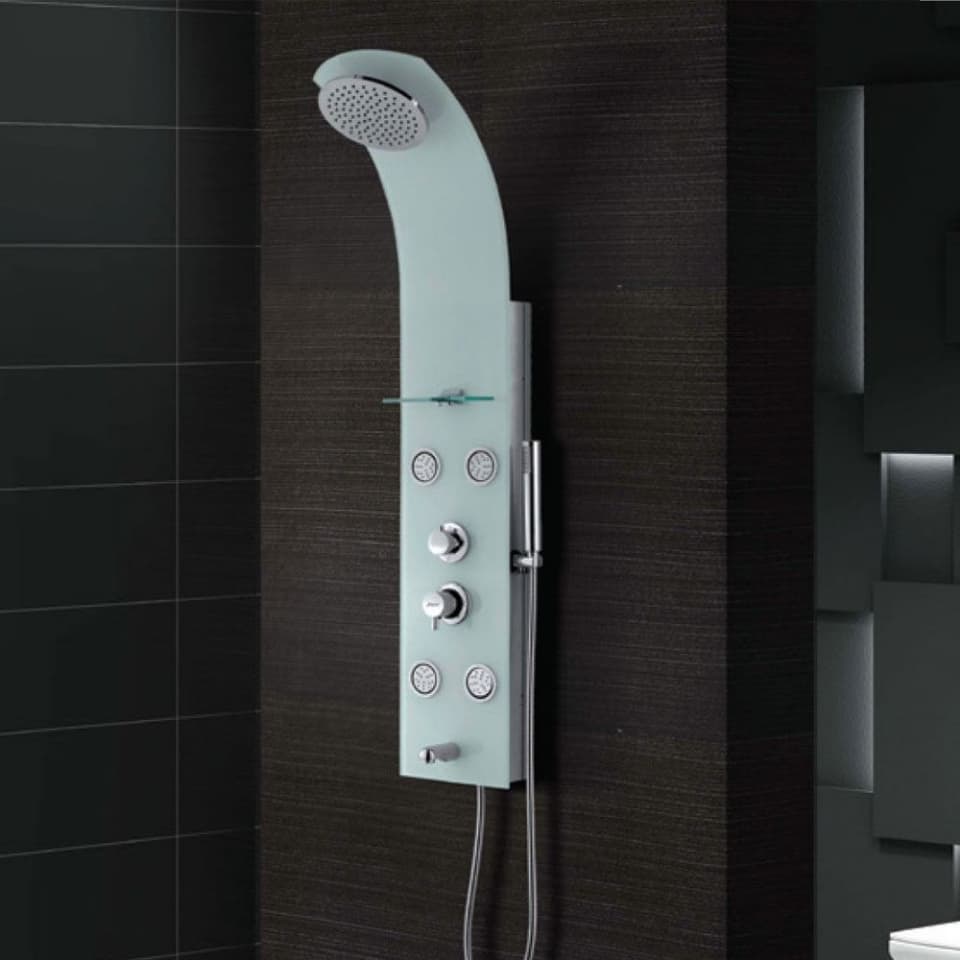Glassy White Shower Panel | White Finish | Size: 1400 x 250mm | With Thermostat Mixer, White Tempered Glass Body With Special Surface | Suitable in Place of Wall MIxer