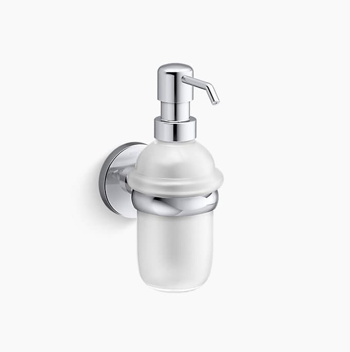 Soap Dispenser & Holder With frosted Glass Bottle | Chrome Finish