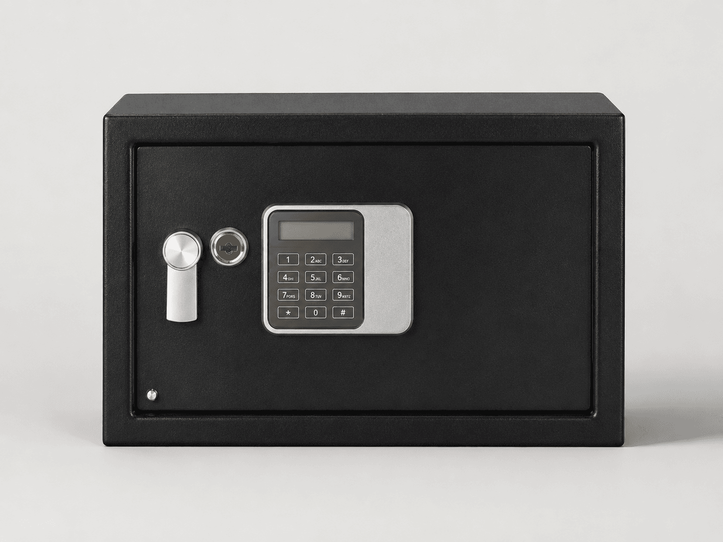 Guest Safe | Capacity: 16Ltr | Exterior Dimensions: H250 x W350 x D250mm | Access: PIN Code And Manual Key | Finish: Black