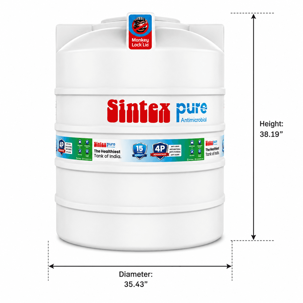 Pure 3 Layer Overhead Tank | Capacity: 500Ltr | Dia: 900mm (35.43") | Height: 970mm (38.19") | Dia of Lid: 407mm (16.02") — image 2