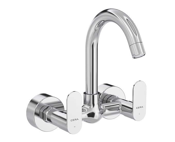 Curve Kitchen Mixer (Hot & Cold Water) With 150 mm (6") Long Swivel Spout and Wall Flanges | Chrome Finish