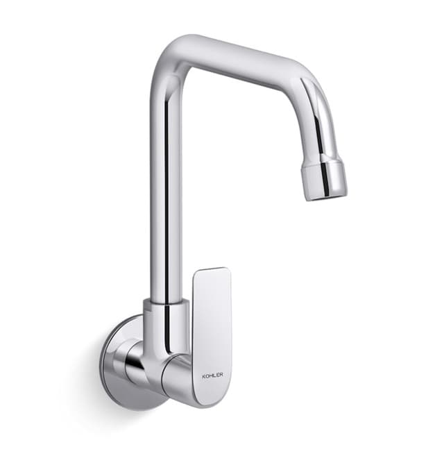 Fore Line Sink Cock (Cold Water Only) | With 176.6 mm Long Swivel Spout & Wall Flanges | Chrome Finish | For Kitchen use